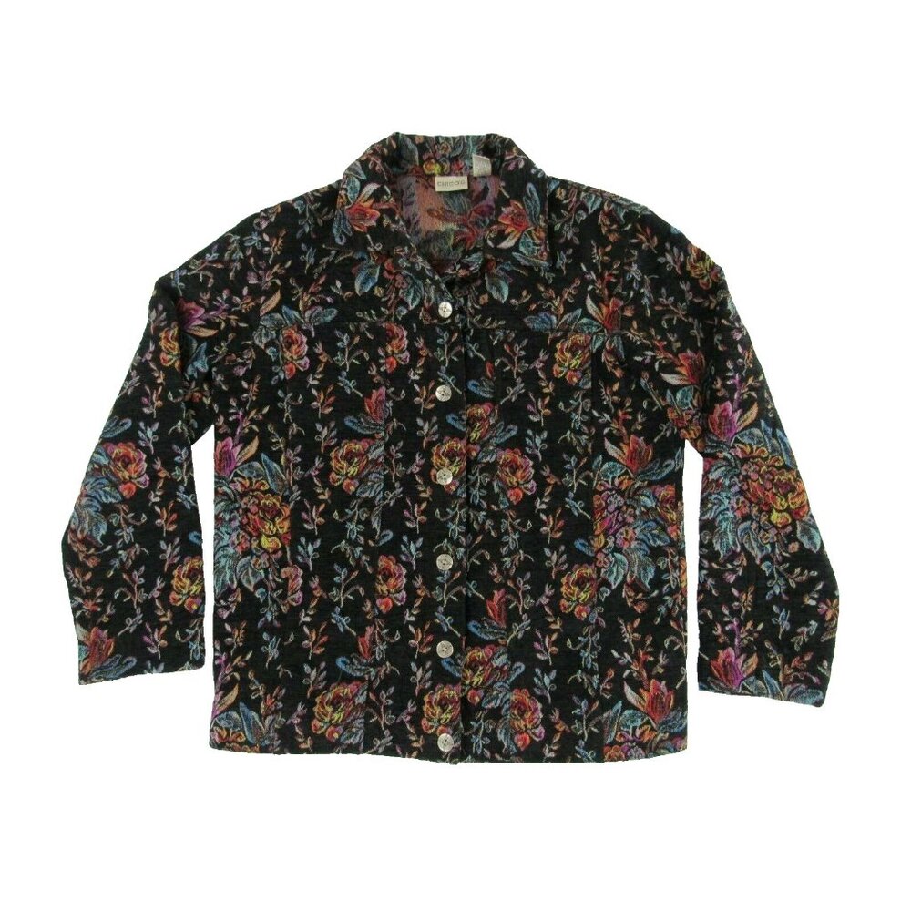 Chicos Womens Jacket 1 Black Multicolor Floral Long Sleeve Button Up